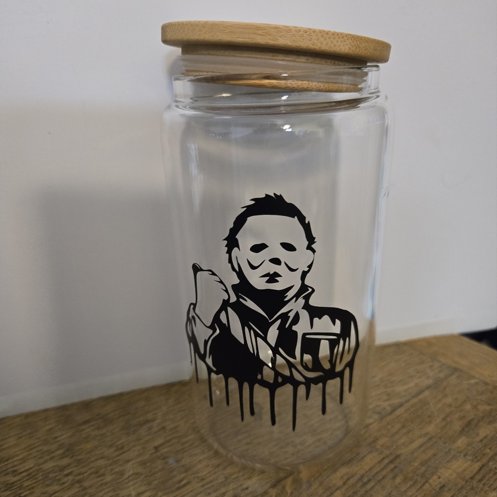 Glass Tumbler with Horror Character Design and Bamboo Lid